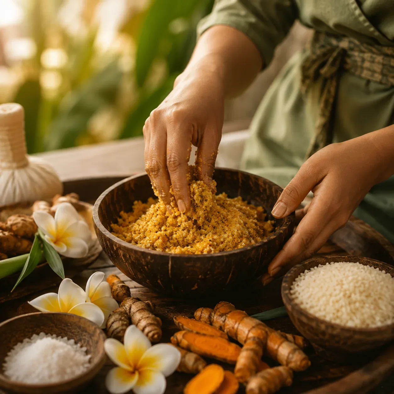 Terapis meracik lulur di Amrita Bali Spa
